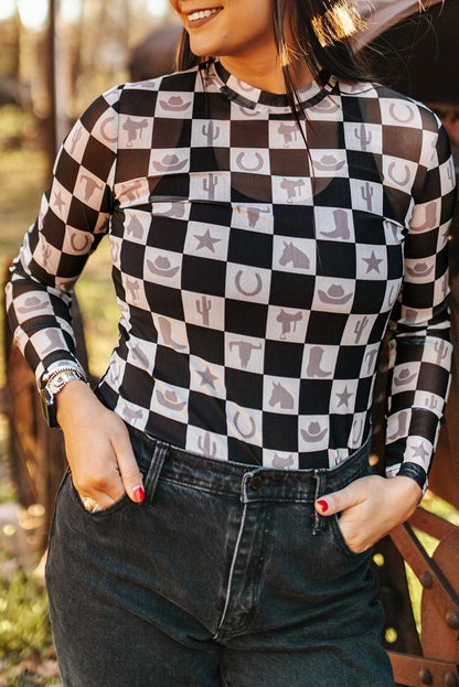 Black Checkerboard Western Elements Printed Mesh Long Sleeve Top