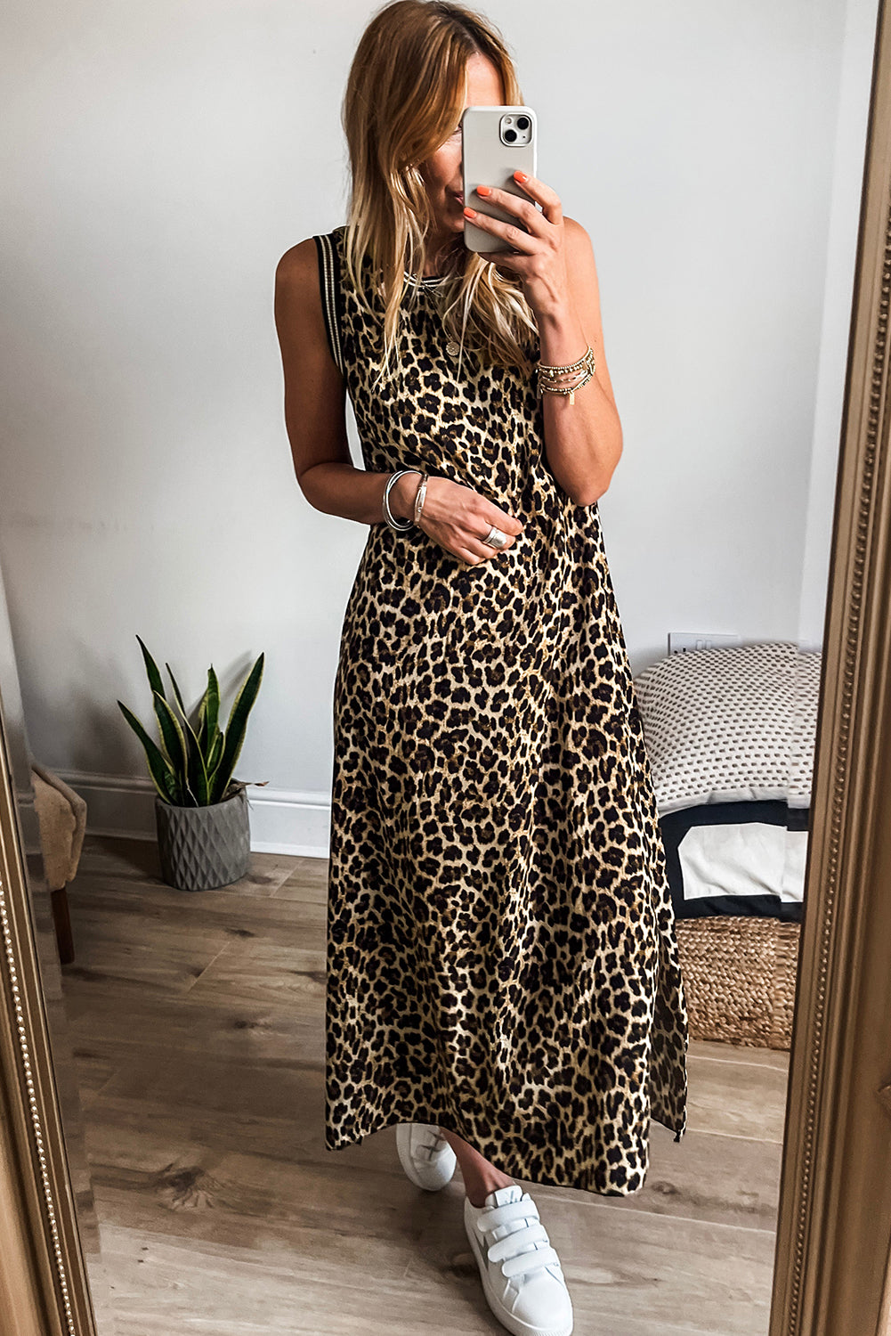 Black Contrast Striped Trim Leopard Sleeveless Maxi Dress