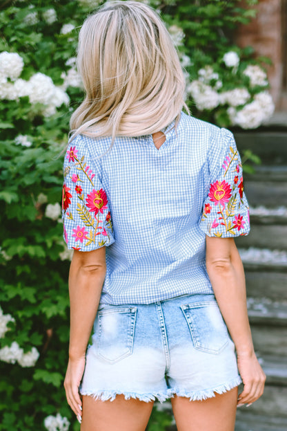 Light Blue Gingham Floral Embroidered Puff Sleeve Blouse