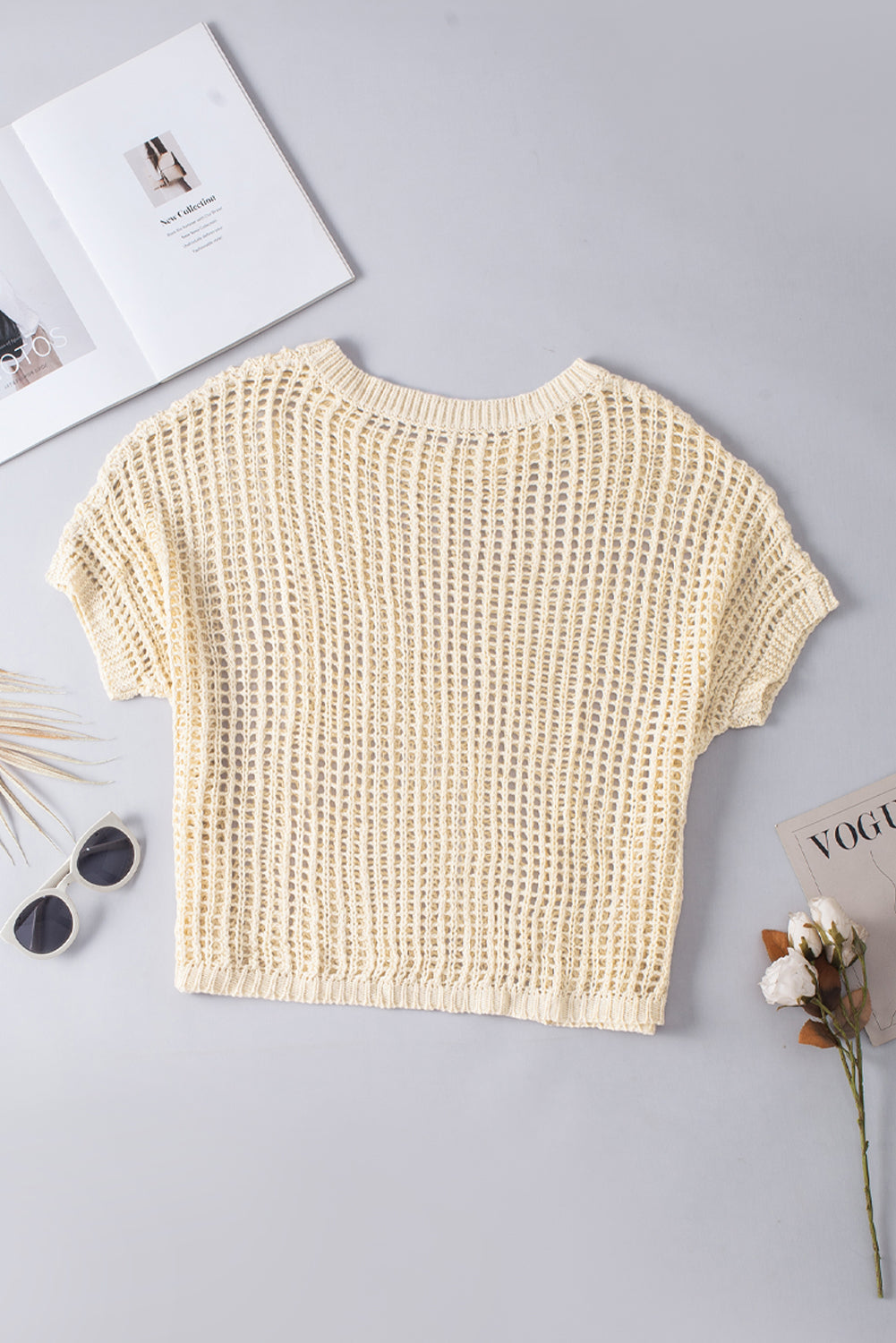 Apricot Fishnet Knit Ribbed Round Neck Short Sleeve Sweater Tee