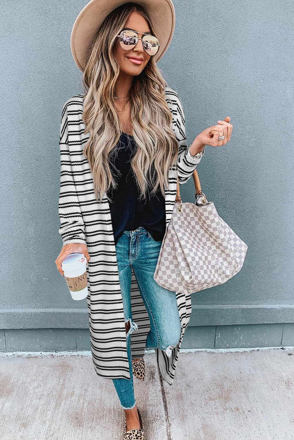 Black Stripe Print Open Front Duster Cardigan