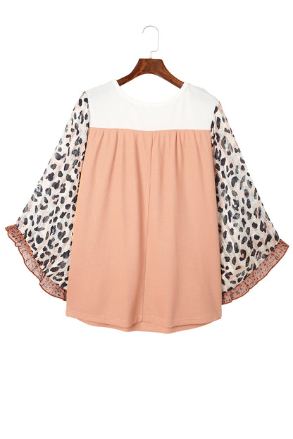 Khaki Printed Plus Ruffle Leopard Sleeve Waffled Color Block Top