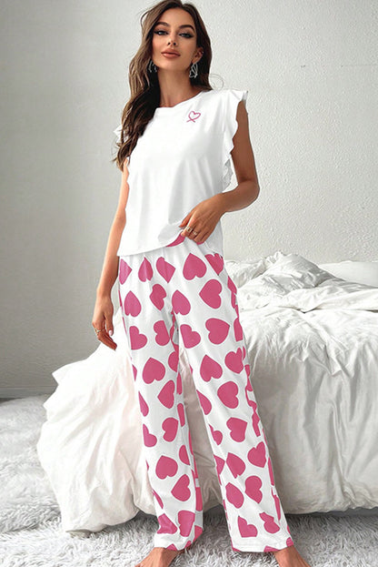 Pink Ruffled Tank Top And Heart Print Pants Lounge Set