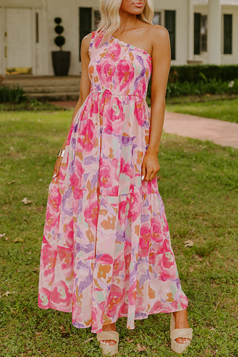 Pink Abstract Floral Print Shirred One Shoulder Maxi Dress