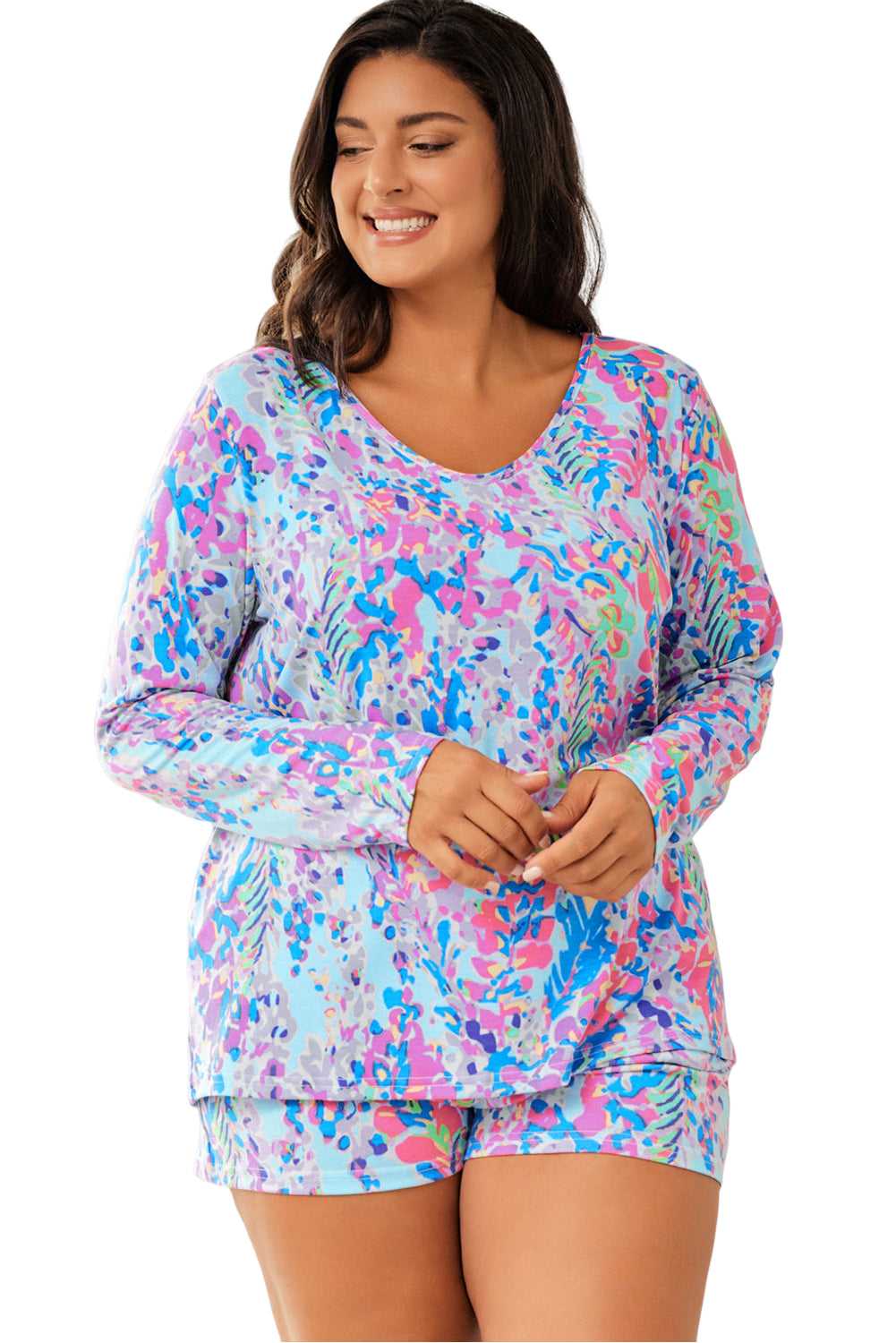 Sky Blue Plus Size Floral Print Long Sleeve and Shorts Lounge Outfit