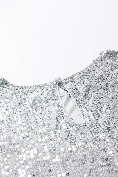 Silvery Short Ruched Puff Sleeve Sequin Top