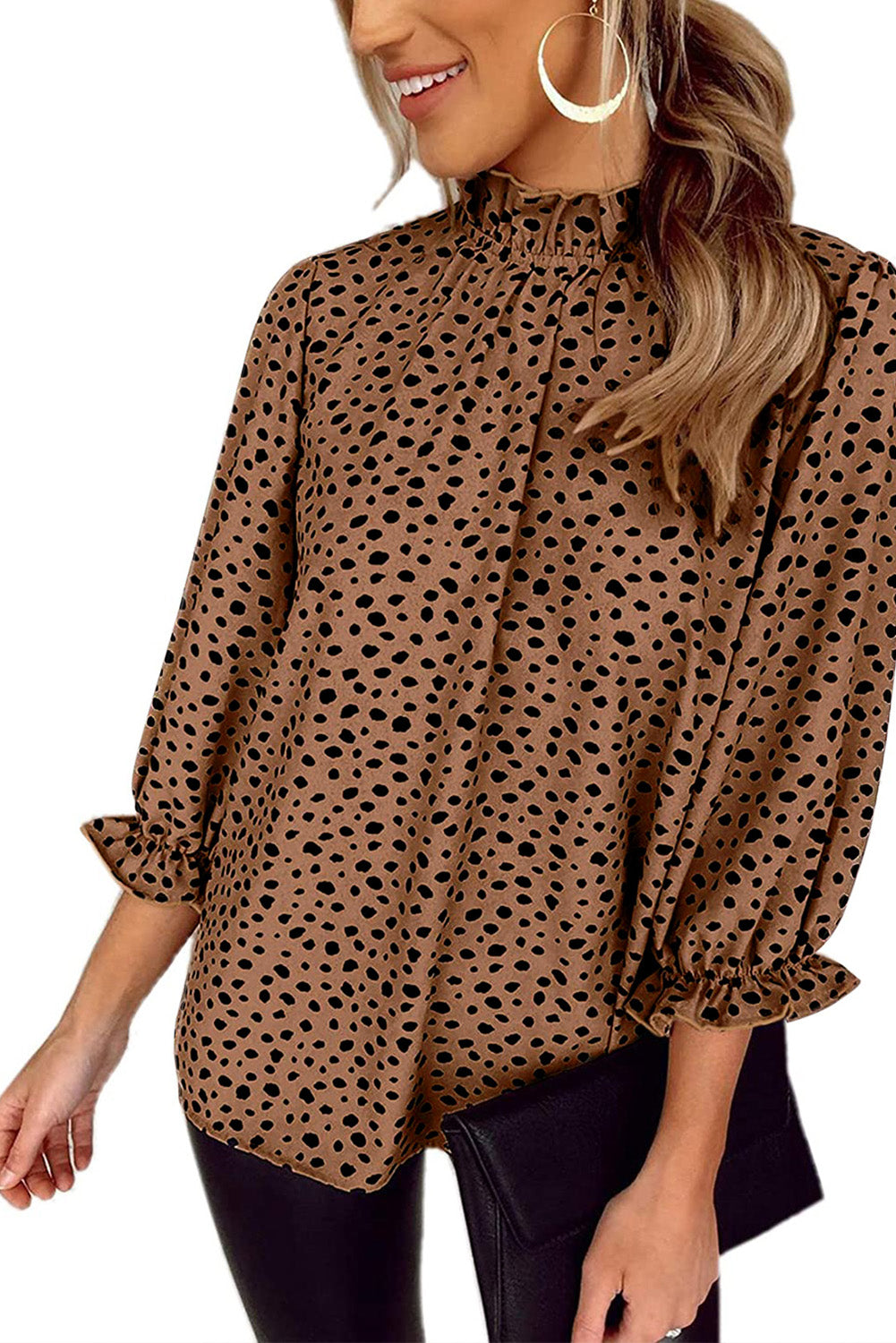 Brown Frilled Neck 3/4 Sleeves Cheetah Blouse