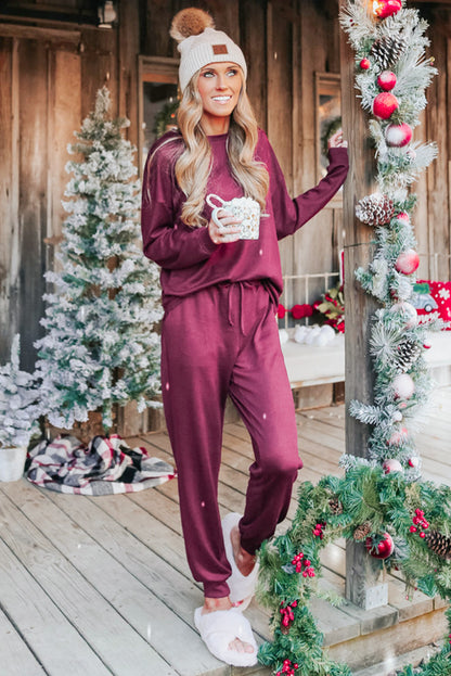 Red Casual Long Sleeve Pullover & Joggers Pajamas Set