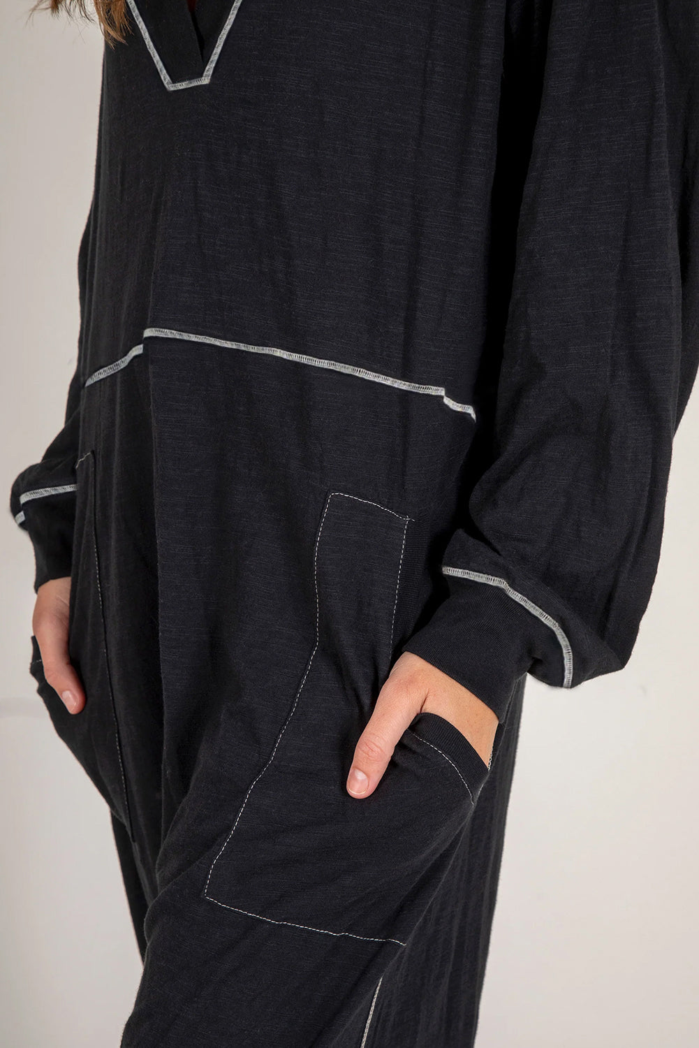 Black Flatlock Seam Detail V Neck Baggy Jumpsuit