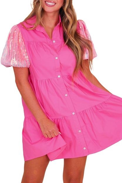 Bonbon Sequined Bubble Sleeve Tiered Ruffled Shirt Dress