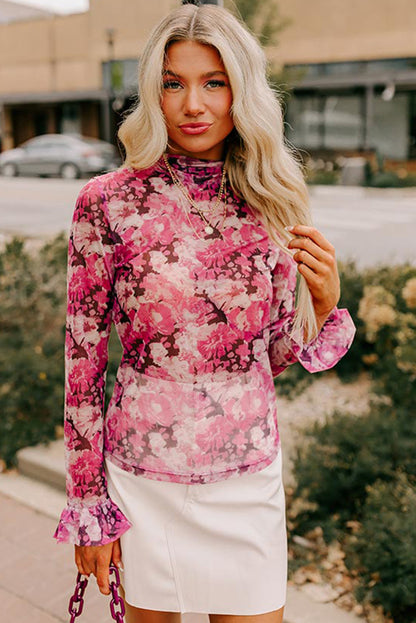 Rose Floral Mesh Flounce Sleeve Mock Neck Blouse