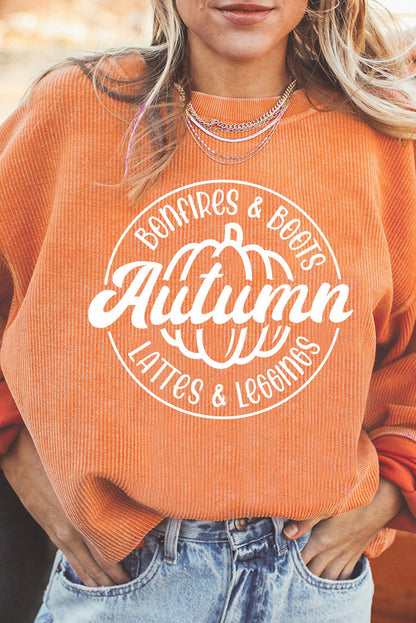 Orange Pumpkin Graphic Print Corded Oversized Sweatshirt