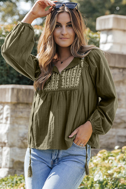 Green Embroidered Split Neck Pleated Loose Blouse