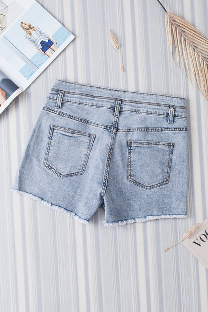 Sky Blue Diamond Studded Vintage Wash Denim Shorts