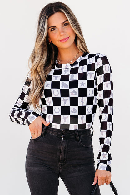 Black Checkerboard Western Elements Printed Mesh Long Sleeve Top