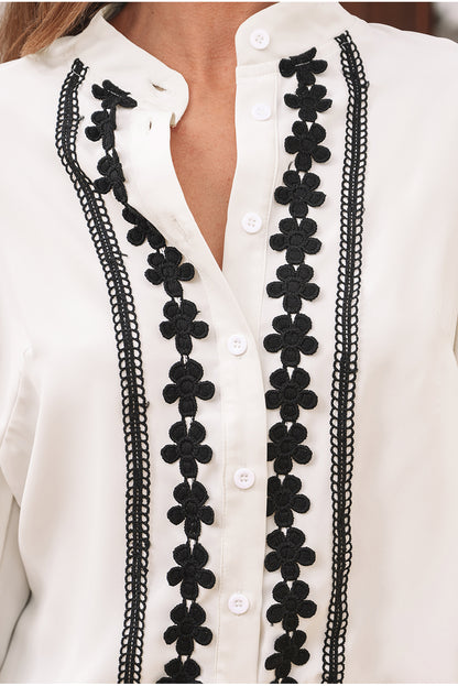 Beige Floral Embroidered Stand Neck Buttoned Shirt