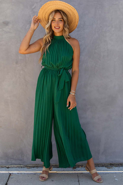 Black Elegant Halter Neck Belted Pleated Wide Leg Jumpsuit