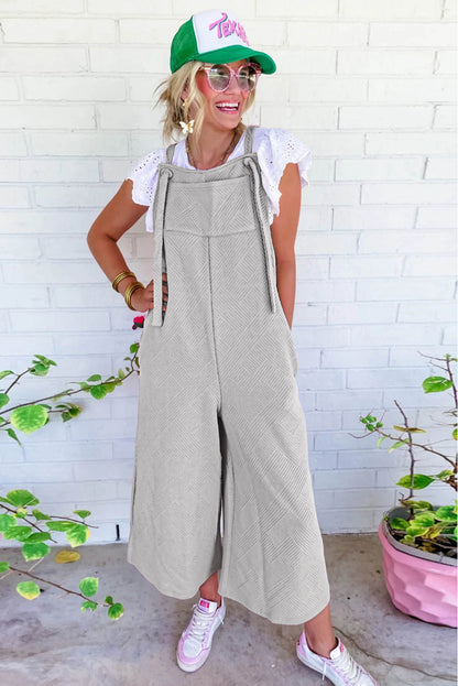 Light Grey Textured Self-Tie Strap Wide-Leg Overalls