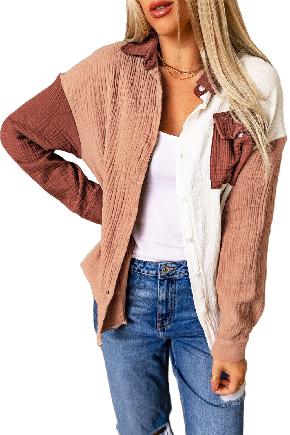 Brown Color Block Textured Long Sleeve Shirt with Pocket