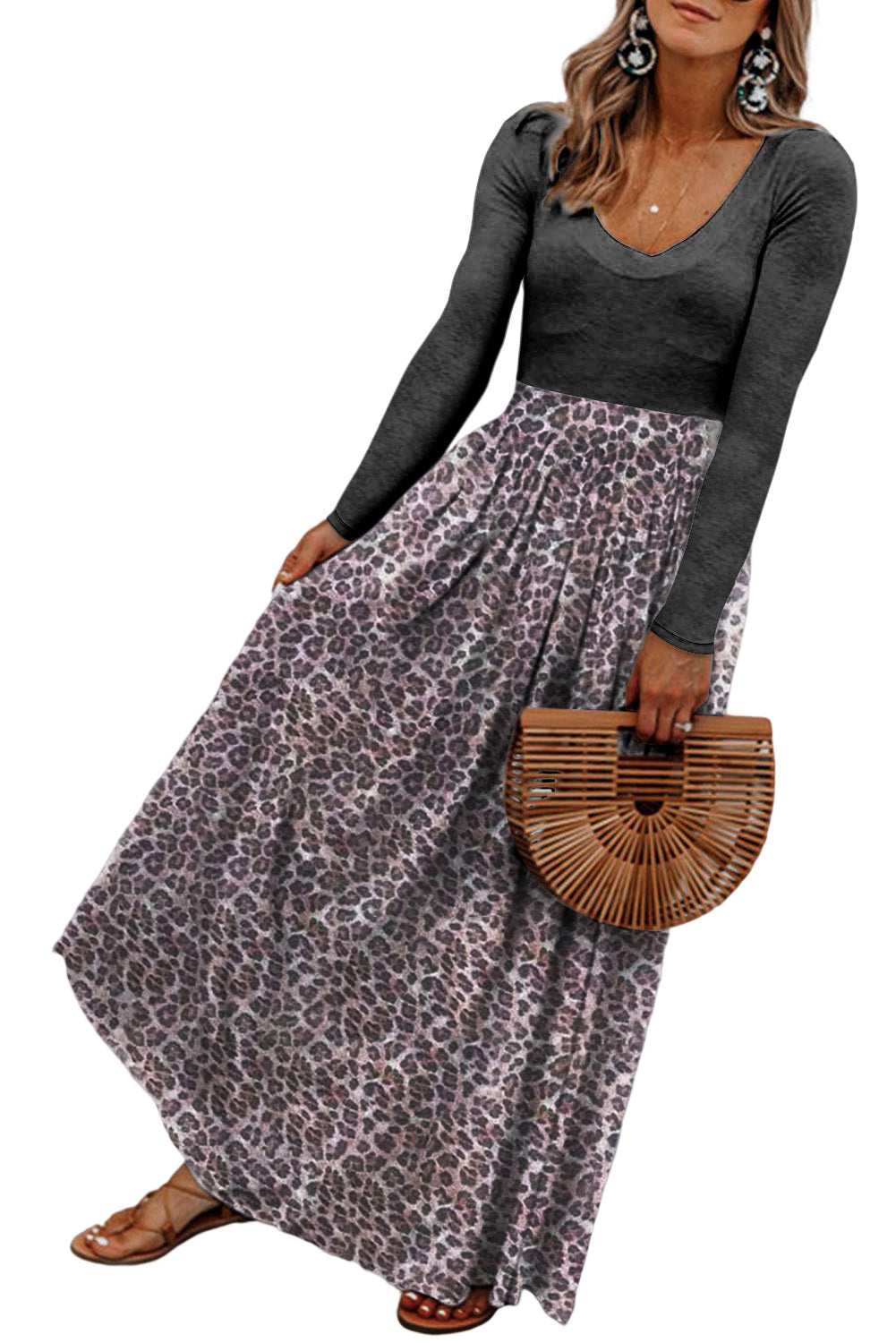 Black and Leopard Print Long Sleeve Boho Maxi Dress