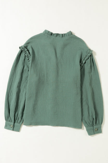 Green Frilled Split Neck Crinkled Shirt