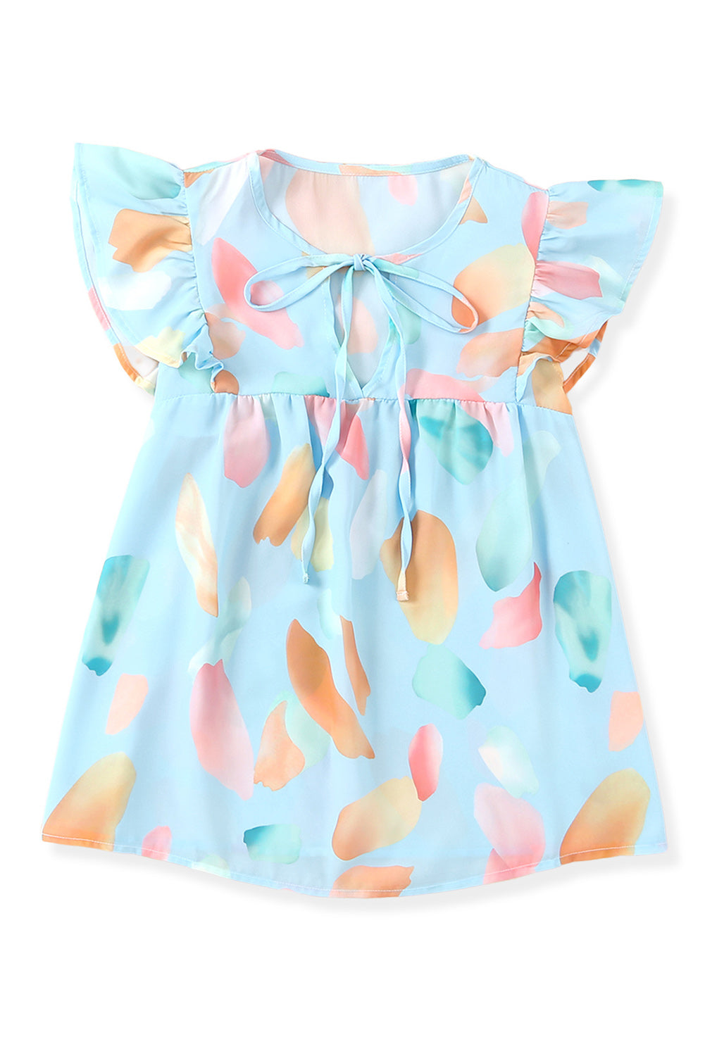 Sky Blue Splotches Pattern Ruffled Cap Sleeve Shift Top