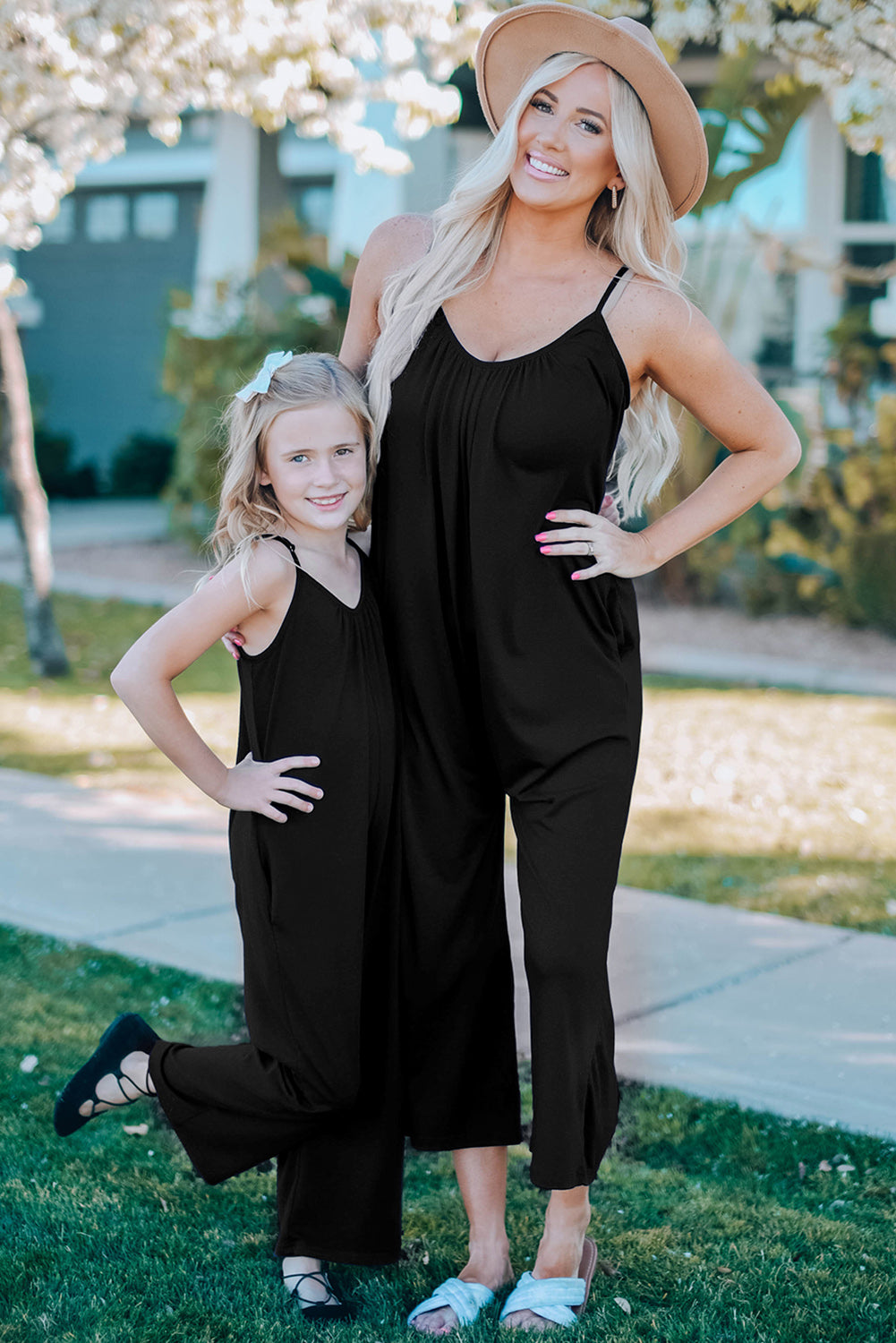 Black Spaghetti Straps Wide Leg Pocketed Jumpsuits