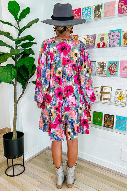 Multicolor Boho Floral Print Tie Neck Smocked Dress