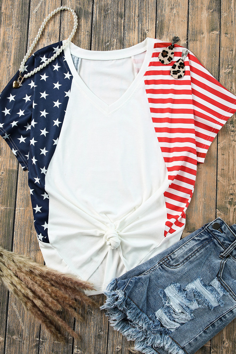 White The US Stars and Stripes V Neck Tee