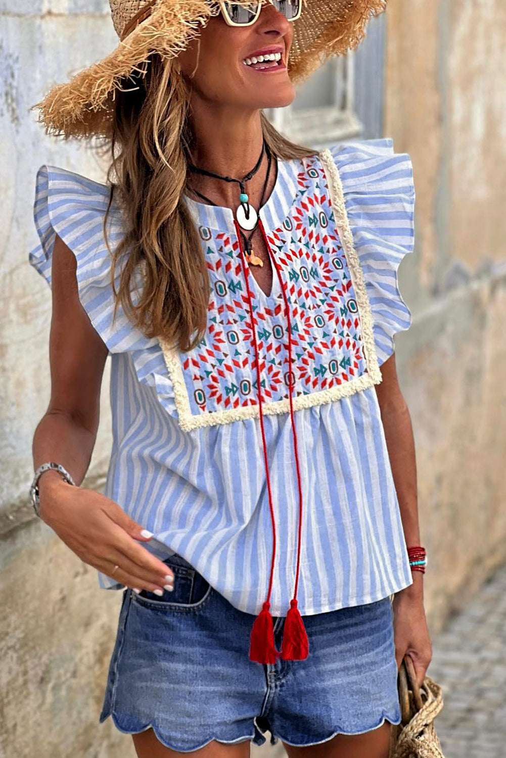 Sky Blue Stripe Geo Pattern Embroidered Tassel Flutter Blouse