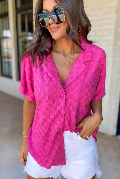 Bright Pink Lapel Neck Checkered Textured Short Sleeve Shirt