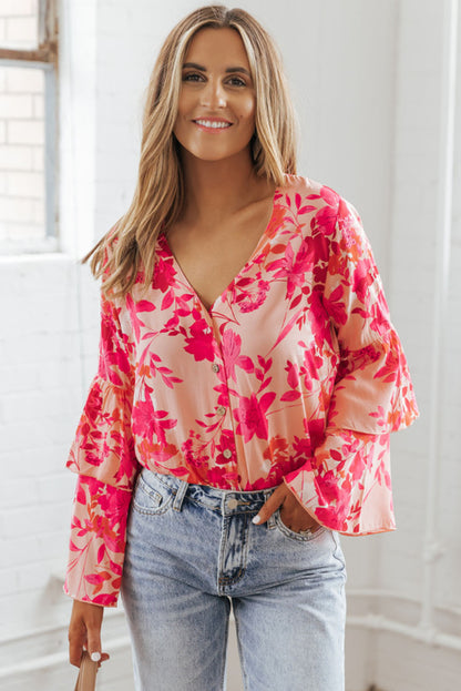 Pink Floral Print Tiered Bell Long Sleeve Buttoned Bodysuit