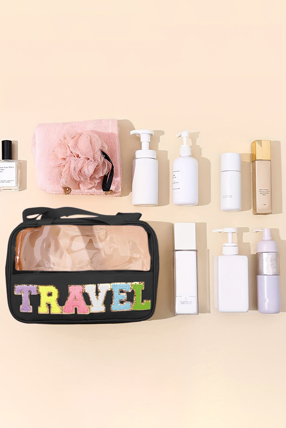 Light Pink TRAVEL Chenille Letter Clear PVC Makeup Bag