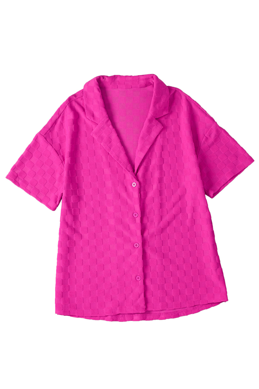 Bright Pink Lapel Neck Checkered Textured Short Sleeve Shirt