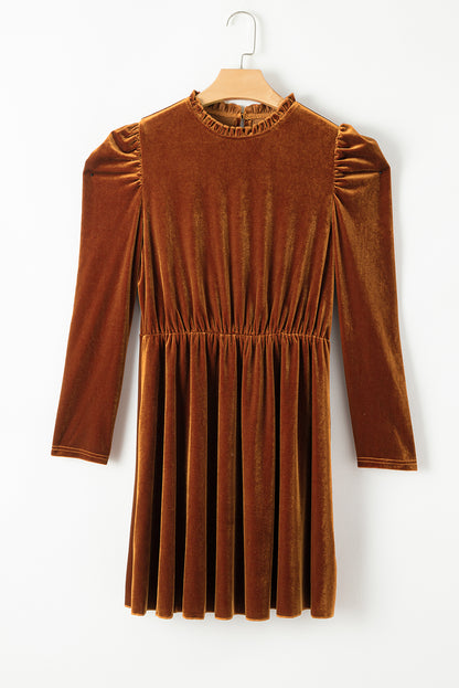 Chestnut Velvet Frilled Neck Gigot Sleeve Swing Dress