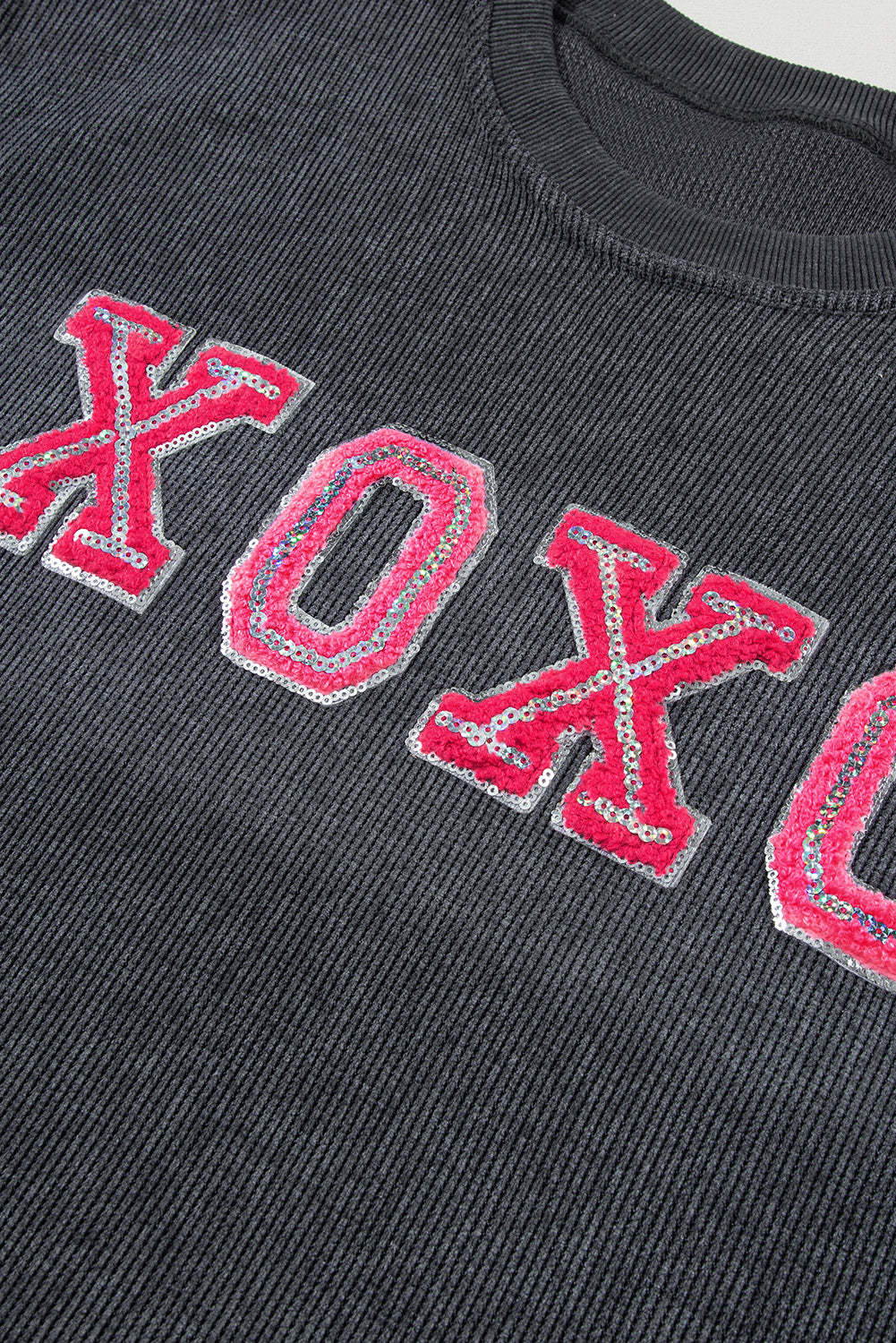 Gray Valentine Sequin XOXO Corded Crew Neck Sweatshirt