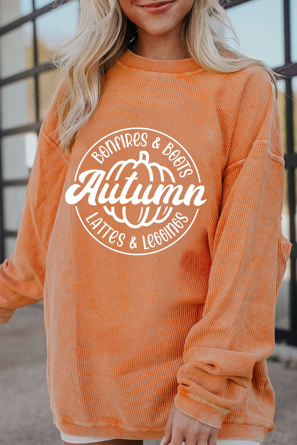 Orange Pumpkin Graphic Print Corded Oversized Sweatshirt