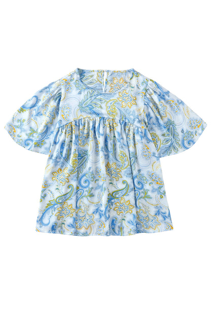 Sky Blue Paisley Print Wide Sleeves Loose Blouse