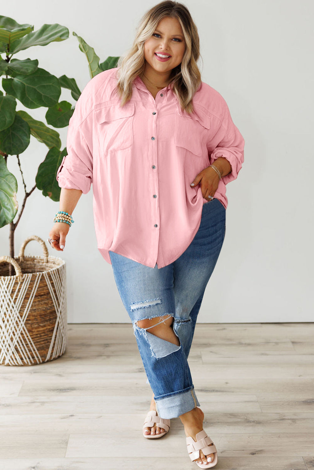 Pink Flap Pocket Tab Sleeve Button-Down Plus Size Shirt