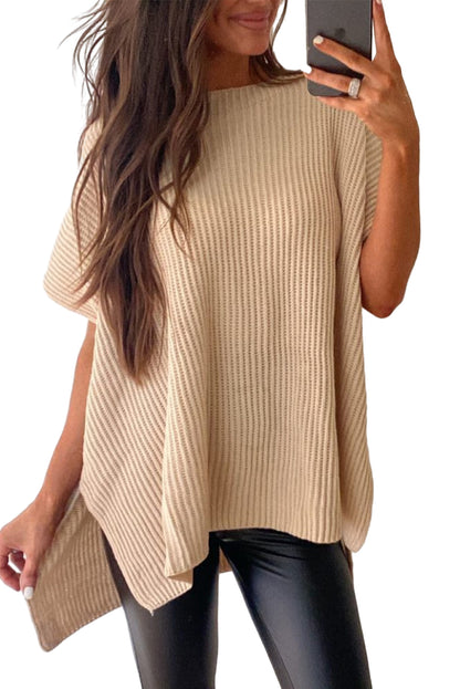 Apricot Short Sleeve Side Slit Oversized Sweater