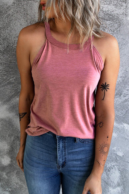 Pink Solid Color Crew Neck Tank Top