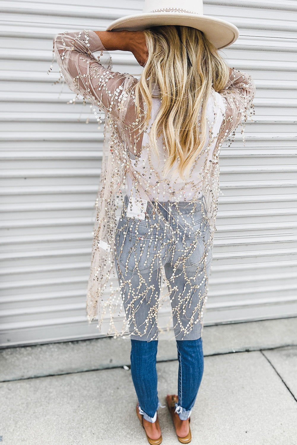 White Sequin Sheer Casual Open Front Cover Up