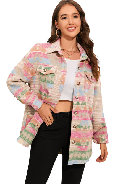 Multicolor Button Up Flap Pockets Geometric Jacket for Women