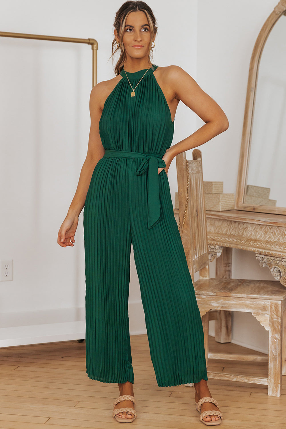 Black Elegant Halter Neck Belted Pleated Wide Leg Jumpsuit