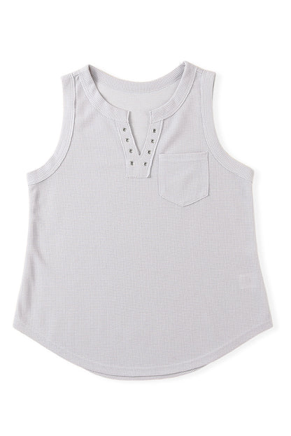 Gray Notched Neck Eyelet Thermal Knit Tank