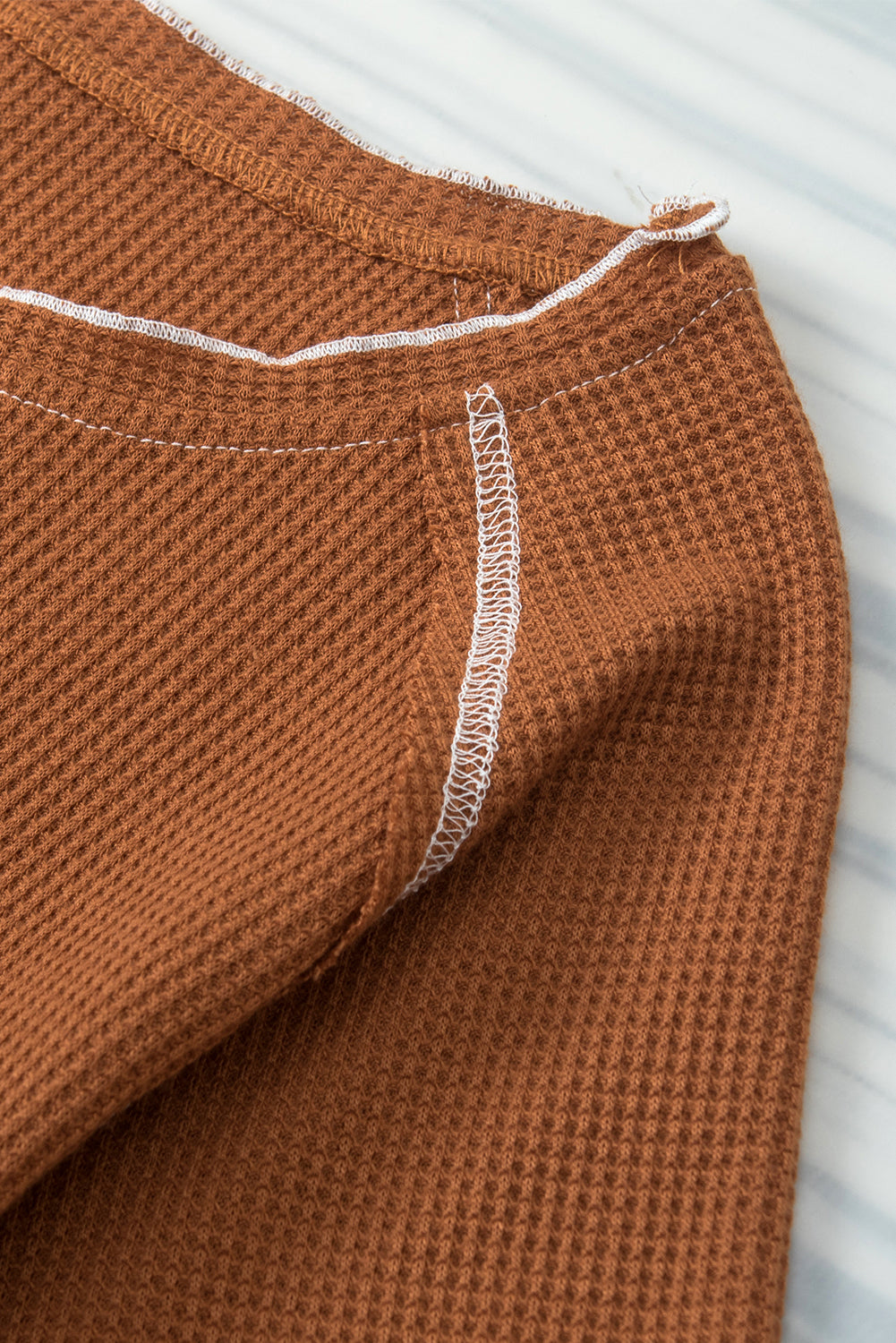 Chestnut Contrast Seam Frilly Edge Waffle Knit T-shirt