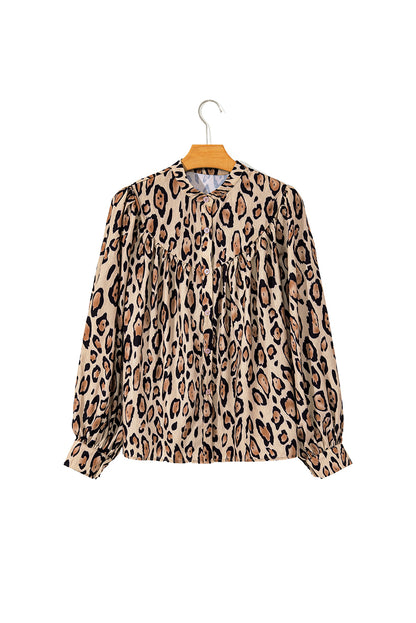 Light French Beige Oversized Leopard Print Balloon Sleeve Casual Shirt