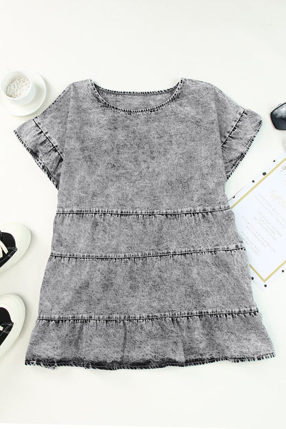 Gray Flutter Sleeves Tiered Denim Top