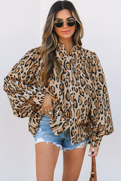 Light French Beige Oversized Leopard Print Balloon Sleeve Casual Shirt