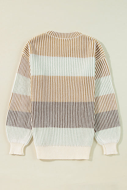 Brown Colorblock Textured Knit Bubble Sleeve Sweater